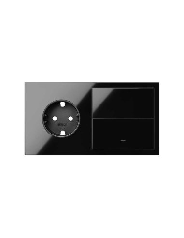 Kit front horizontal para 2 elementos con 1 base de enchufe schuko y 1 tecla individual negro brilla SIMON 10020203-138