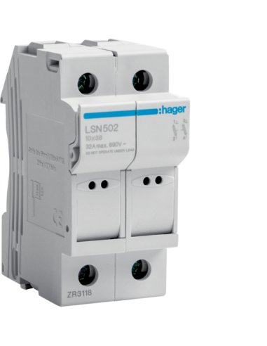 Portafusible seccionable tipo L38 2P 32A 690V - A001703515 HAGER LSN502 (EMBALAJE DE 6 UNIDADES)