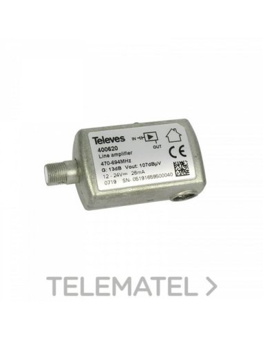 Amplificador línea 1E/1S UHF G13dB enchufable - A003845419 TELEVES 400620