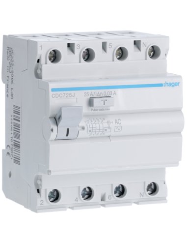 Interruptor diferencial 4P 25A 30mA AC - A001340088 HAGER CDC725J