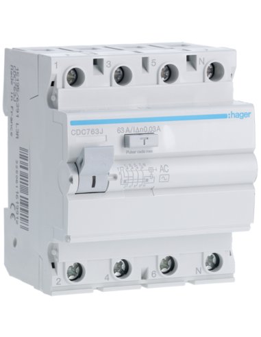 Interruptor diferencial 4P 63A 30mA AC - A001340090 HAGER CDC763J (EMBALAJE DE 3 UNIDADES)